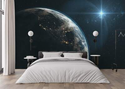 Majestic Earth Zoom In Orbit Starry Background. Planet Rotate Surface Star Light Glow Outer Space Deep Universe Exploration Concept 3D Animation Wall mural