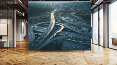 Night Aerial Urban Traffic Road System. Busy Downtown Route Development City Highway Junction Overview. Cityscape Car Motion Transport. Dark Blue Cinematic Filter. Concept Drone Flight Shot Wall mural