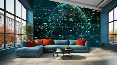 Planet Earth Cyberspace Particle Abstract Motion. Digital Continents Hologram Colorful Fly Dots Data World Network Map. Planet Rotation Outer Space Exploration Business Concept 3D Rendering Animation Wall mural