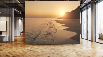 Slow motion sunset seascape at mountain island aerial. Tropic nobody nature landscape at summer sun set light evening. Ocean waves at sand beach. Cinematic El Nido Island, Philippines, Asia Wall mural