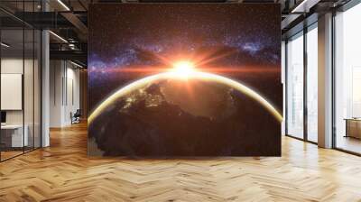 Space sunset Earth scape: sun set with its rays behind model of planet in 3D illustrations. Cosmos and Starry Milky Way graphic background. Beauty and realism of art objects in dramatic tones Wall mural