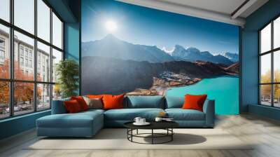 The spectacular sunset in the Himalays. Stunning panoramic view the mighty mountains and Gokyo Lake. Everest Base Camp trek in the Sagarmatha National Park in the north-eastern Nepal. Wall mural