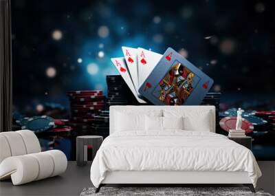 Casino game poker gambling stack of chips on luxury background. Elegant style banner for online casinos and mobile gambling applications, poker - winner, wealth concept. Generative AI Wall mural