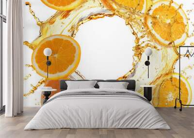 Fresh natural orange juice splash swirl, orange slices floating. Liquid splashing with orange fruits for food and drink commercial, banner, social media. Food and Drink fresh and natural concepts Wall mural