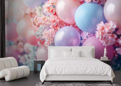 Pastel backdrop with balloons, arrangements. Photo-wall decoration for breast cancer awareness, celebrate, anniversary, wedding, birthday, valentine. Beautiful decorative celebration concept Wall mural