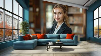 Professional portrait of a business woman, casual attire with a creative twist, office background. Startup and small business entrepreneur with happiness and business growth feeling working success Wall mural