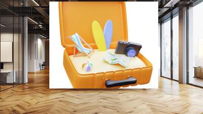 Summer vacation and travel concept. Open Suitcase with sand beach chair, beach ball, camera, surfboard and world map. 3d rendering Wall mural