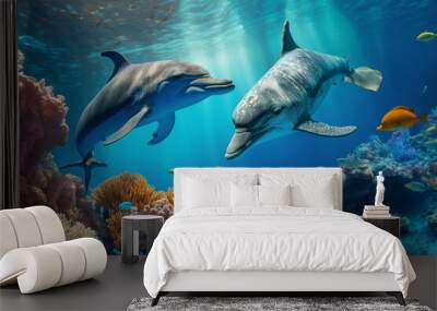 Two dolphin under water on the background of coral reefs Coral by Generative Ai Wall mural