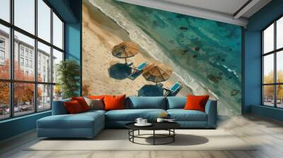 Aerial view on two sunbeds on a sandy beach  Wall mural