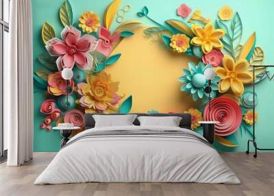 Pink, Blue, yellow and White flowers paper background pattern lovely style. Rose made from paper.
 Wall mural