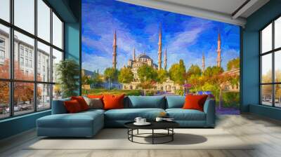 Beautiful sunny day in the park in front of the Blue Mosque (Sultan Ahmet Camii) stunning view landscape in Istanbul, Turkey. - oil painting Wall mural