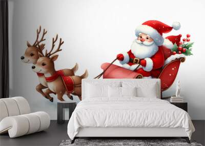 Watercolor cute Santa Claus and reindeer on white background Wall mural