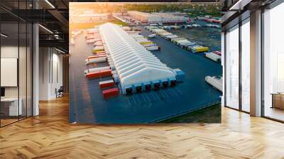 Logistics park with warehouse and loading hub. Semi-trailers trucks stand at ramps and wait for load and unload goods. Aerial view at sunset Wall mural