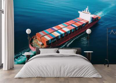 Aerial top view of cargo ship carrying container. Generative ai. Wall mural