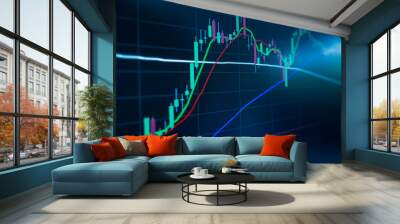 Blue Stock Exchange Market trading graph on screen monitor for economic and financial investment. Business analysis chart display. Stock invest infomation. Wall mural