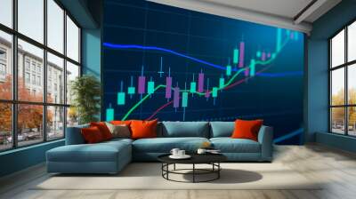 Blue Stock Exchange Market trading graph on screen monitor for economic and financial investment. Business analysis chart display. Stock invest infomation. Wall mural