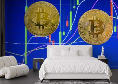 Golden Bitcoin with stock exchange market graph background. Digital money trading concept. Wall mural