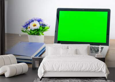 Laptop blank screen for text or pictures on wooden table. Concept for advertising, business and home office. Wall mural