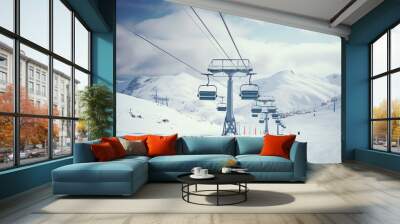 Ski lifts on snow mountain for winter holiday and adventure sport in the nature. Wall mural