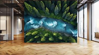 Top view of blue river in the green forest. Wall mural