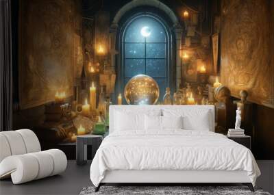 A table with a crystal ball and candles lit in a dimly lit room Wall mural