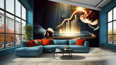 Businessman analyzing financial chart on digital tablet, highlighting growth and success in technology-driven business environment. Wall mural