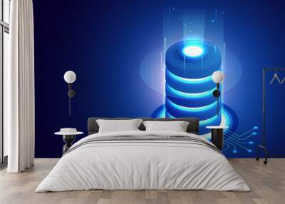 Big data storage and cloud computing technology, machine learning, artificial intelligence concept. Data center room with abstract data servers and glowing led indicators Wall mural