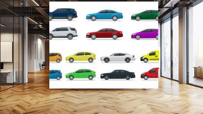 Flat high quality city transport car icon set. Sedan, van, cargo truck, off-road. Urban public and freight transport for for infographics, game Cars Wall mural