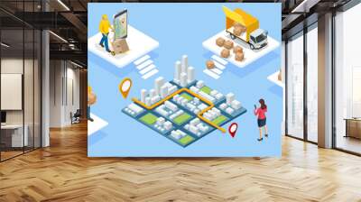 Global logistics network isometric illustration. Isometric Logistics and Delivery concept. Delivery home and office. City logistics. Warehouse, truck, forklift, courier. On-time delivery Wall mural