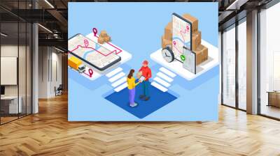 Global logistics network isometric illustration. Isometric Logistics and Delivery concept. Delivery home and office. City logistics. Warehouse, truck, forklift, courier. On-time delivery Wall mural