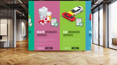 Insurance Services concept - House, Car, Health and Travel insurance services. illustration. Protection from danger, providing security. Vector isometric illustration. Web banners for website. Wall mural