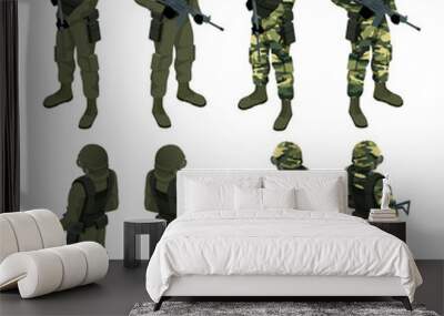 Isometric a soldier in a gas mask and with a gun isolated on white. Protection against chemical or bacterial contamination. Quarantine. Wall mural