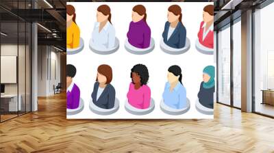 Isometric Beautiful young female faces vector avatar set. Social network icons Business woman in job and lifestyle daily routine character Wall mural