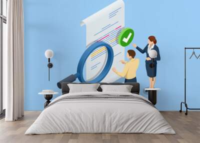 Isometric business analysis, analytics, research. Analytics and monitoring, where a business team tracks a web-based reporting dashboard and conducts data analysis for financial business planning. Wall mural