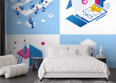 Isometric business concepts. Businessmen and business woman in different situations. Online cooperation, agreement, success, sgoal achievement, financing of projects, online consultation, partnership. Wall mural