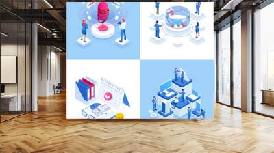 Isometric business concepts. Businessmen and business woman in different situations. Online cooperation, agreement, success, sgoal achievement, financing of projects, online consultation, partnership. Wall mural