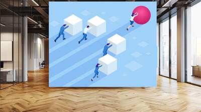 Isometric Business people pushing cubes. Winner easily moving the cube. Winning strategy, efficiency, innovation in business concept. Wall mural