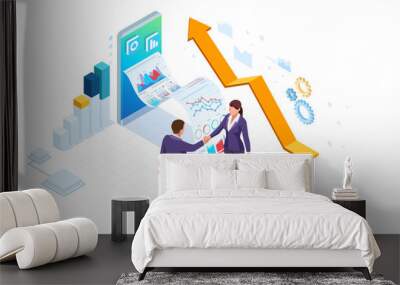 Isometric Business to Business Marketing, B2B Solution, business marketing concept. Two business partners shaking hands. Wall mural