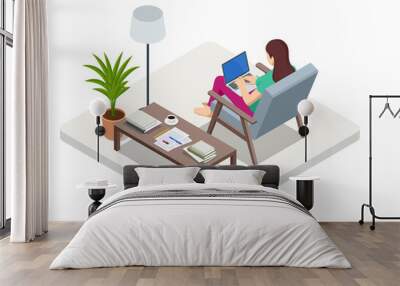 Isometric business woman working at home with laptop and papers on desk. Freelance or studying concept. Online meeting work form home. Home office. Wall mural