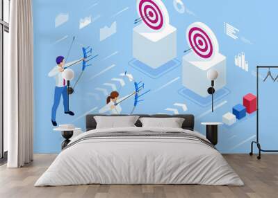 Isometric Businessman and Businesswoman shooting a bow and arrow. Success. Arrow hit the center of the target. Business target achievement concept. Wall mural