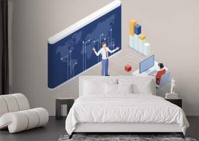 Isometric businessman at the forefront of global networking, utilizing customer data analytics for informed business strategy and intelligent digital marketing, all within the realm of technology Wall mural