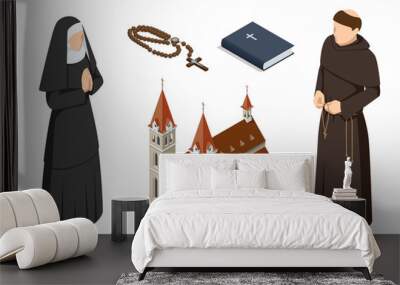 Isometric Catholic church building, catholic bible, Catholic Priest and A nun in traditional robes in vestment isolated on a white background. Pastor, religious people. Religion and its Wall mural