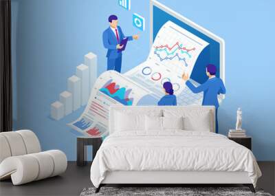 Isometric concept of business analysis, analytics, research, strategy statistic, planning, marketing, study of performance indicators. Investment in securities, smart investment, strategic management Wall mural