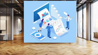 Isometric concept of business analysis, analytics, research, strategy statistic, planning, marketing, study of performance indicators. Investment in securities, smart investment, strategic management Wall mural