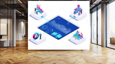 Isometric concept of business teams meeting working with new startup project, analysis data the charts and graphs, discussion. Consulting for company performance, analysis, accounting Wall mural