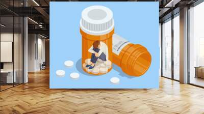 Isometric concept of dependence on pills, drugs, antidepressants. Healthcare and medical, addiction recovery. Concept for prescription drug abuse Wall mural