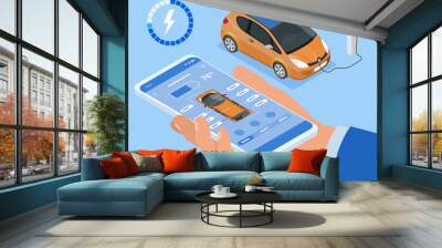 Isometric concept of electric vehicle charge, mobile application for charge management. Car fuel manager smartphone interface. Wall mural