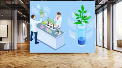 Isometric concept of laboratory exploring new methods of plant breeding and agricultural genetics. Plants growing in the test tubes. Wall mural