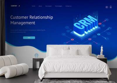 Isometric CRM web banner. Customer relationship management concept. Business Internet Technology vector illustration Wall mural