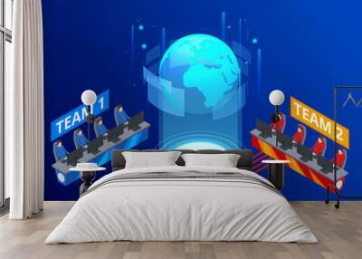 Isometric Cybersports competition. Cybersport arena with gamers. Online game tournament in player vs player format. Cybersport competition with winner cup. Wall mural